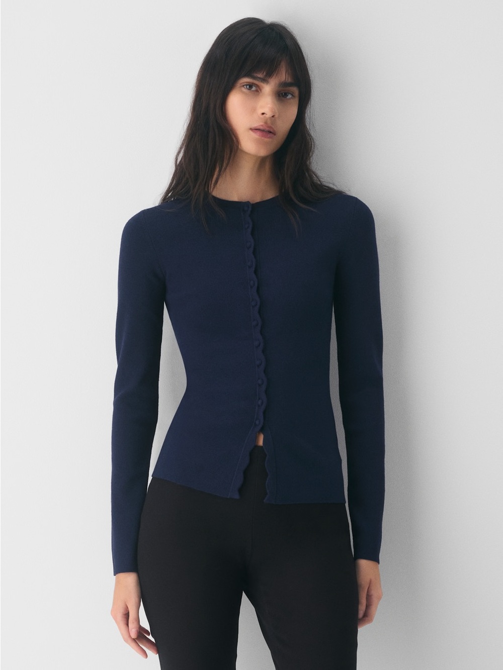Aritzia Wilfred Shelly Cardigan Navy - Scallop Edge Knit Cardigan